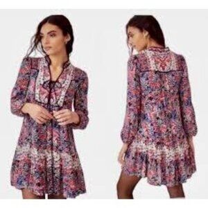 Anthropologie Spliced Tunic Dress Red & Blue Paisley Long Sleeve XS